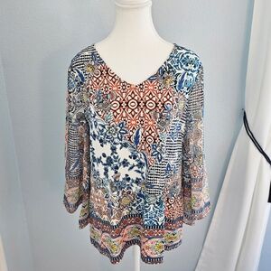 Chico's Size 0/US 4 Florentine Tile Print Bell Sleeve Top Boho Blouse 3/4 Sleeve